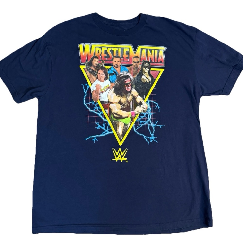 WWE WrestleMania Shirt Mens XL Blue Ultimate Warrior‎ Macho Man Brett Hart EUC